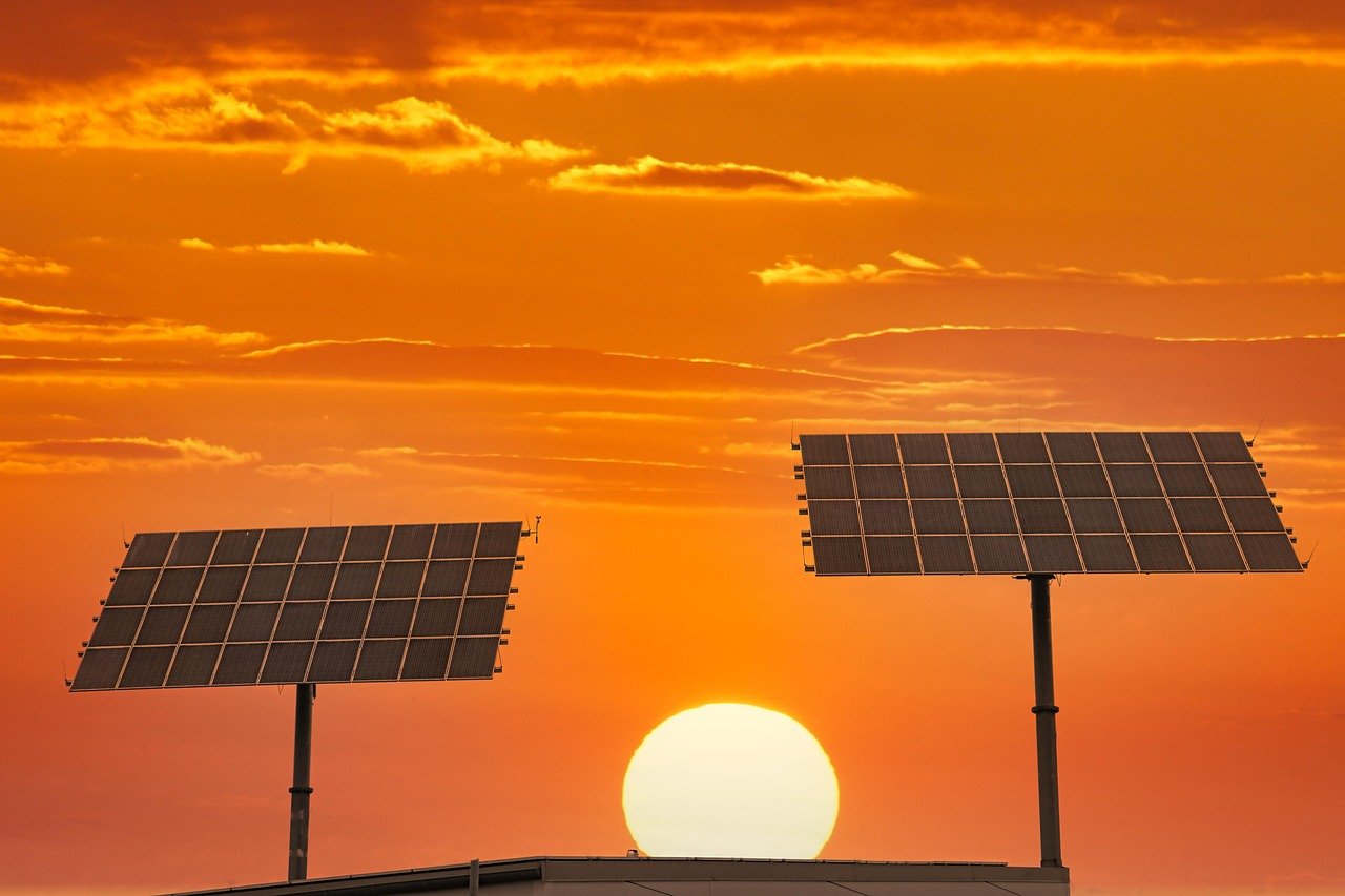 sunset, solar energy, nature, sun, solar panels, renewable energy, conservation, technology, orange skies, dusk, sky, energy
